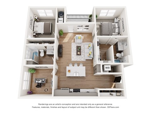 Floor plan for 2 beds, 2 baths, 1119 sqft